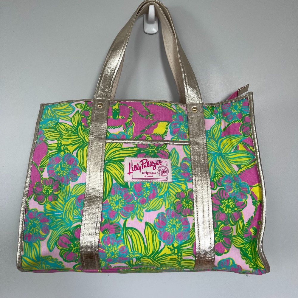 RARE Lilly Pulitzer Original Gold Tote in Lilly's Pink Big Squeeze